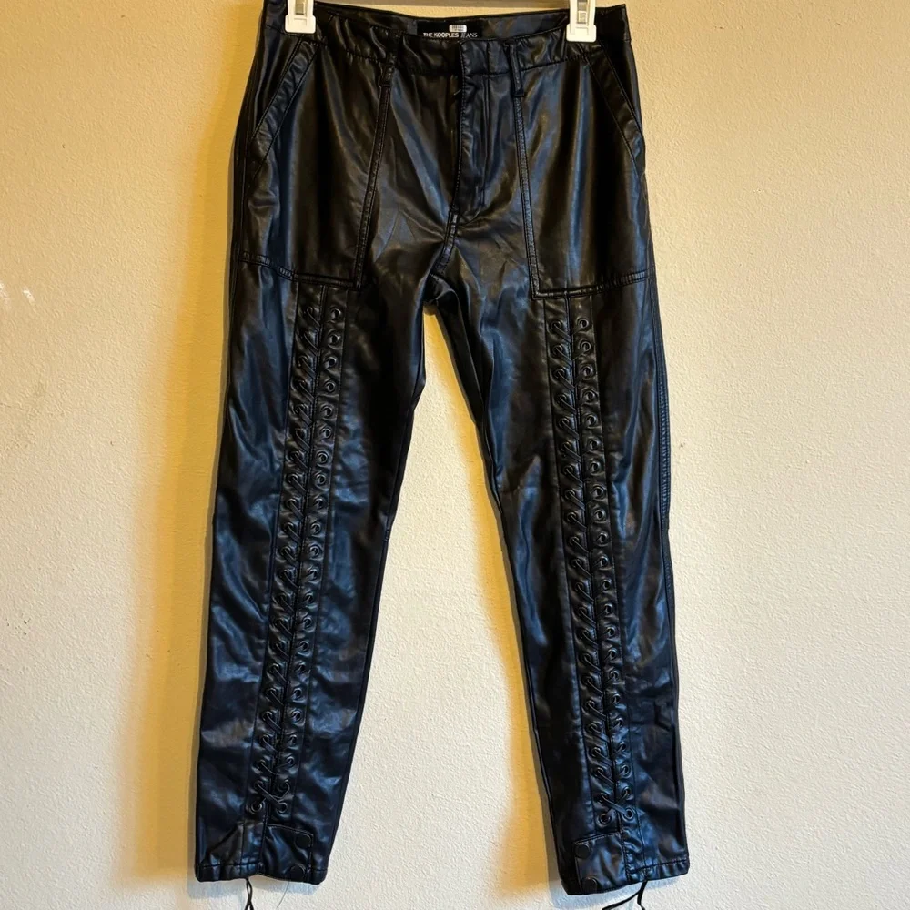 New The Kooples Faux Leather Pants Lace Up Zip up Slide Clasp Closure Sz 4 - Picture 2 of 14